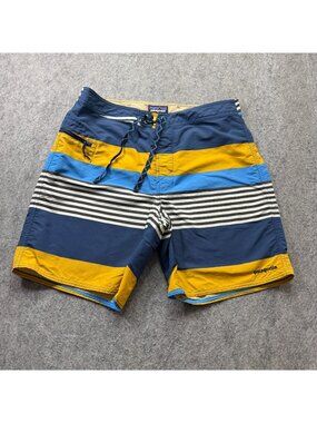 Patagonia Wavefarer Board Shorts 21" Men 36 Blue Orange Colorblock Zip Pocket